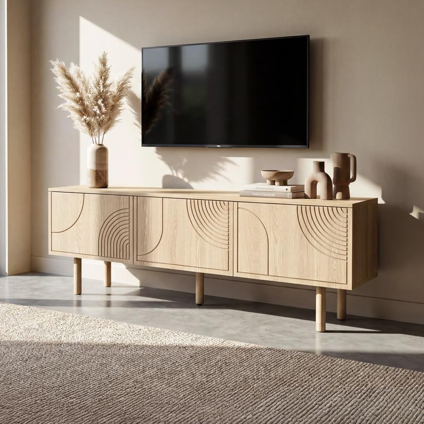 Skandinavischer TV-Schrank, 160 cm, 3 Türen, Eichenoptik, SASKIA