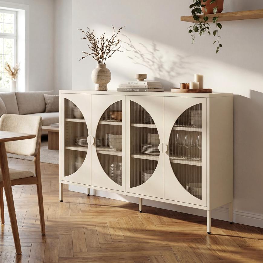 ELIO industrial metal sideboard with 4 beige doors and fluted glass, 140cm