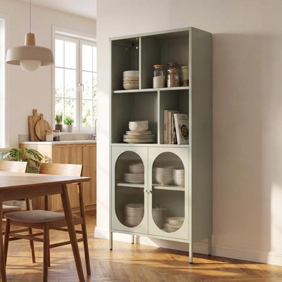 MILIE Industrie-Metallbücherregal, 180 cm hoch, 2 Türen, 4 Regalböden, salbeigrün und geriffeltes Glas