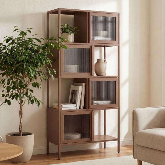 KIARA Industrieregal, 170 cm hoch, 4 Türen, 4 Fächer, braunes Riffelglas