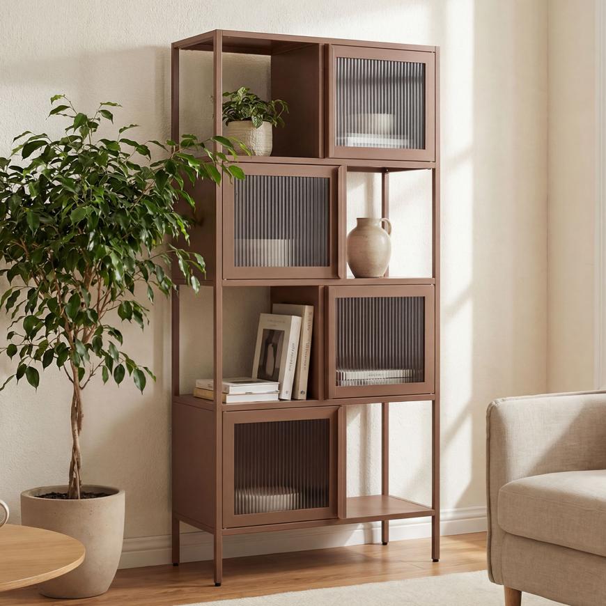 Priemyselný regál KIARA, výška 170 cm, 4 dvere, 4 výklenky, hnedé a ryhované sklo