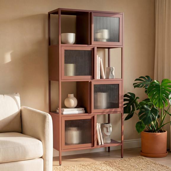 KIARA Metallregal, 170 cm hoch, 4 Türen, 4 Fächer, Terrakotta und geriffeltes Glas