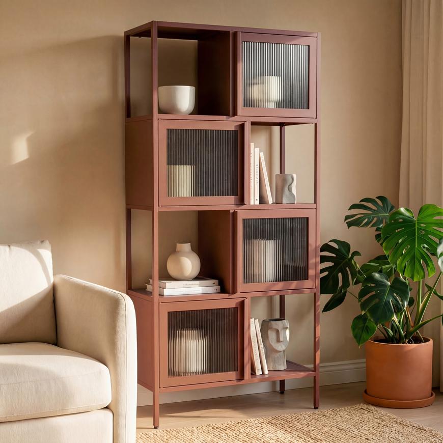 Kovový regál KIARA, výška 170 cm, 4 dvere, 4 výklenky, terakotové a ryhované sklo