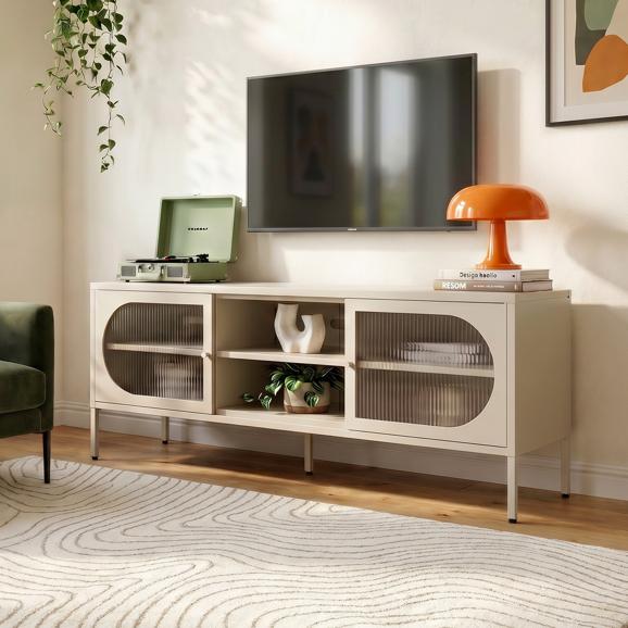 Industriële tv-standaard van beige metaal, 160 cm, met 2 deuren van geribbeld glas - COME