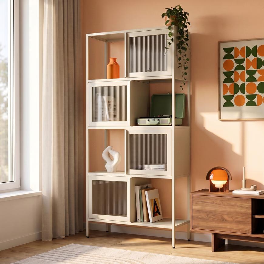 KIARA Industrijska kovinska polica, višina 170 cm, 4 vrata, 4 niše, bež barva in reliefno steklo