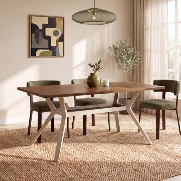 ANDREA 160 cm matbord med beige metallben och skiva i valnötsfinish