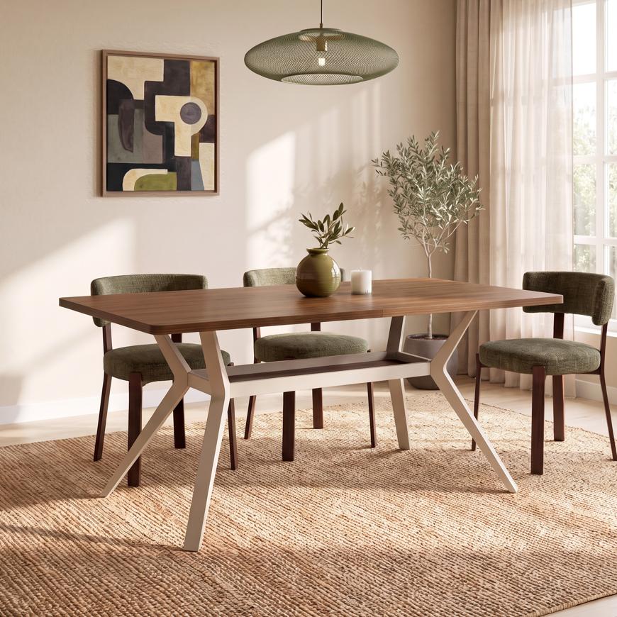 Mesa de jantar ANDREA de 160 cm com pés de metal bege e tampo com acabamento em nogueira.