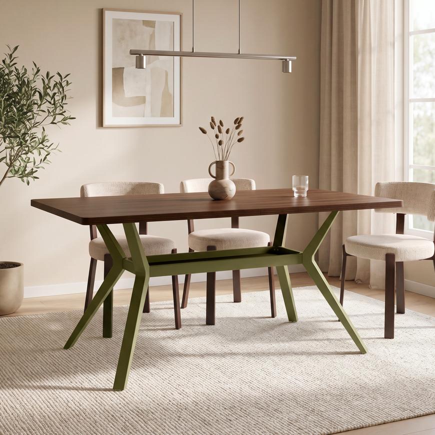 Mesa de jantar ANDREA de 160 cm com pés de metal cáqui e tampo com acabamento em nogueira.