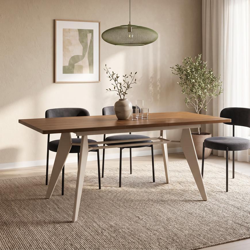 Mesa de jantar extensível MELOE de 140/180 cm com pés de metal bege e tampo com acabamento em nogueira.