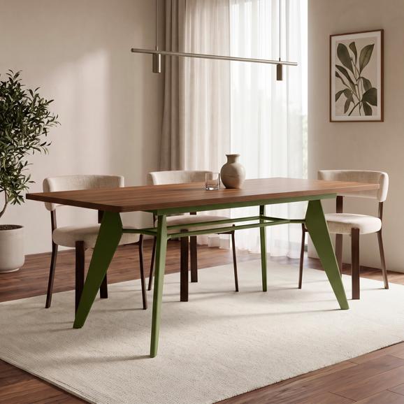 Mesa de jantar extensível MELOE de 140/180 cm com pés de metal cáqui e tampo com acabamento em nogueira.