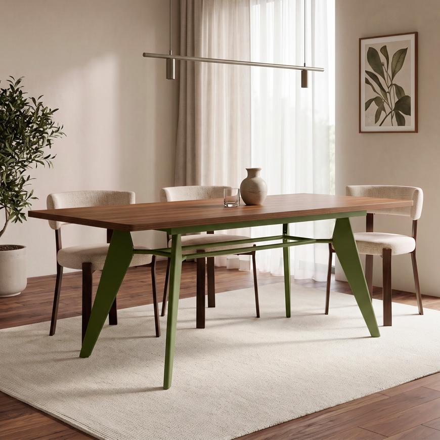 Mesa de jantar extensível MELOE de 140/180 cm com pés de metal cáqui e tampo com acabamento em nogueira.