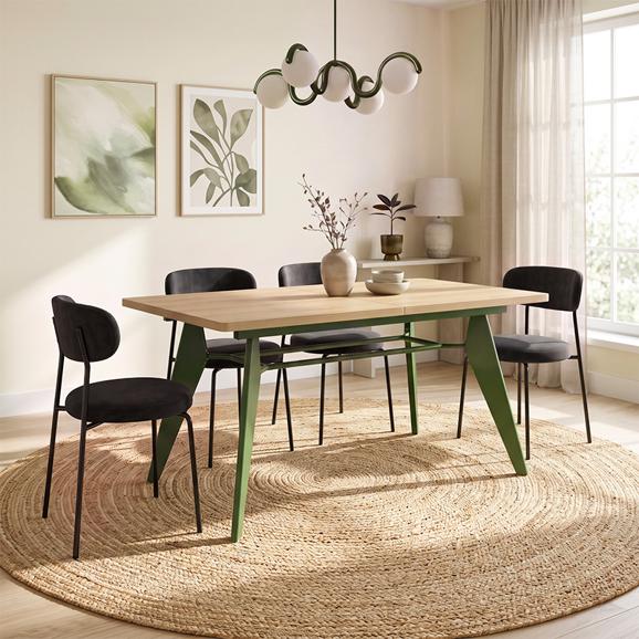 Mesa de jantar extensível MELOE, 140/180 cm, com pés de metal cor cáqui e tampo com acabamento em carvalho.