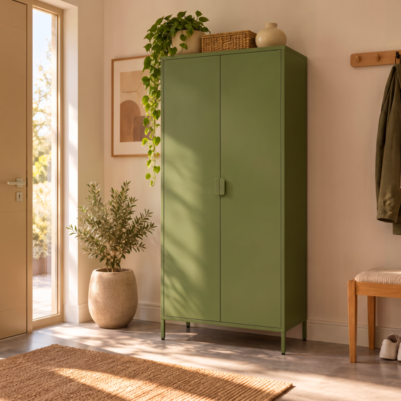 Szafa industrialna z metalu H.170cm 2 drzwi, 4 półki, 2 wieszaki khaki THEA