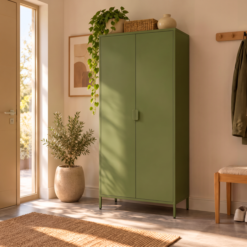 Industriële metalen kast H.170cm 2 deuren, 4 planken, 2 kledingroedes kaki THEA
