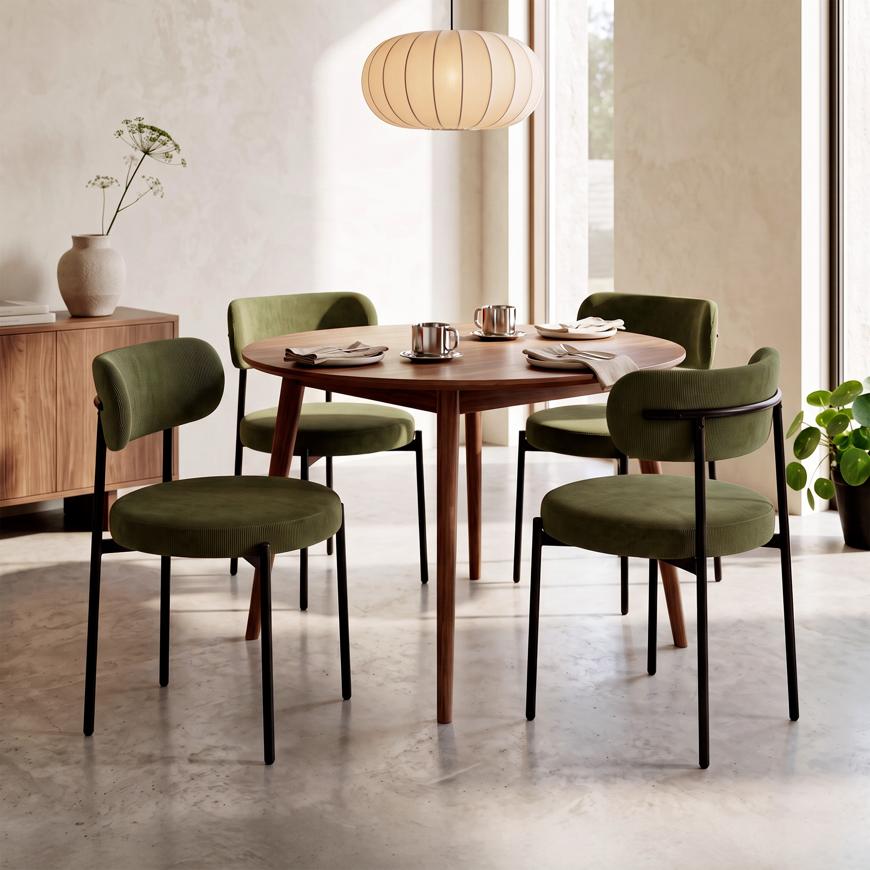 Lot de 4 chaises rembourrées velours côtelé kaki et pieds métal noir IRIS