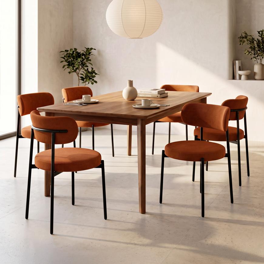 Set van 6 IRIS stoelen met terracotta corduroy bekleding en zwarte metalen poten.