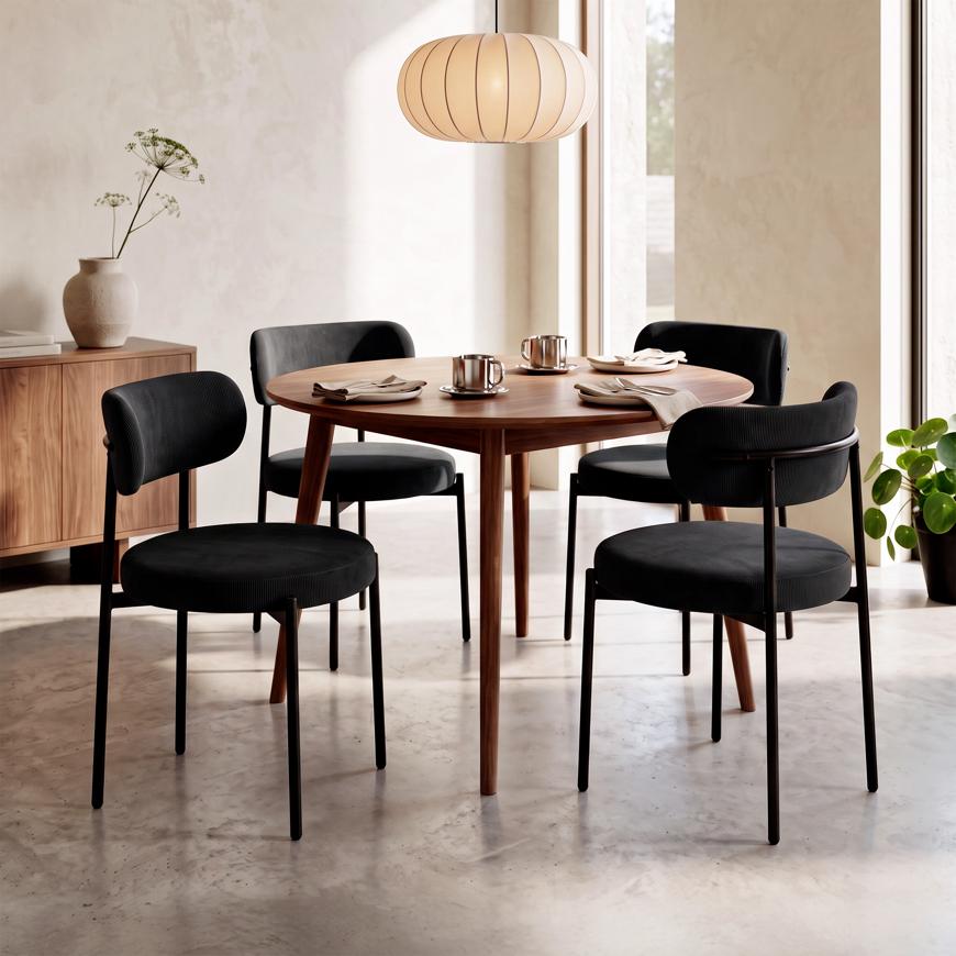 Lot de 4 chaises rembourrées velours côtelé noir et pieds métal noir IRIS