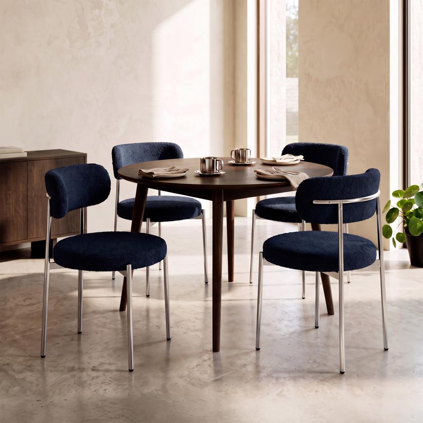 Lot de 4 chaises rembourrées bouclette bleu nuit et pieds chromés NOVA