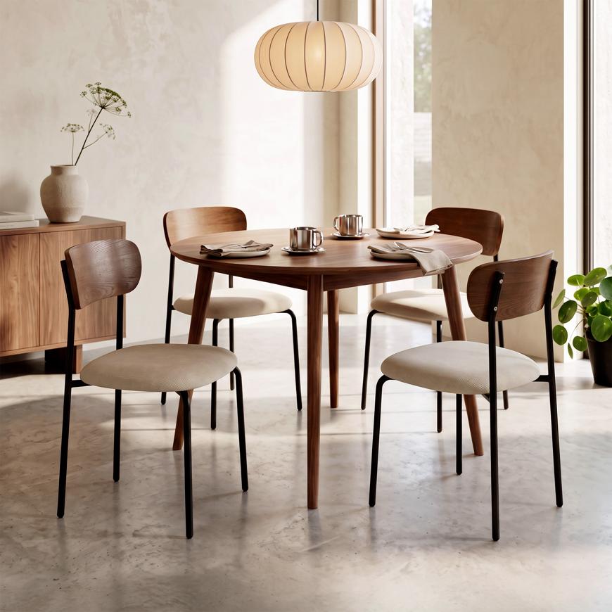 Lot de 4 chaises scandinaves velours côtelé beige et placage frêne pieds métal noir OLIVIA
