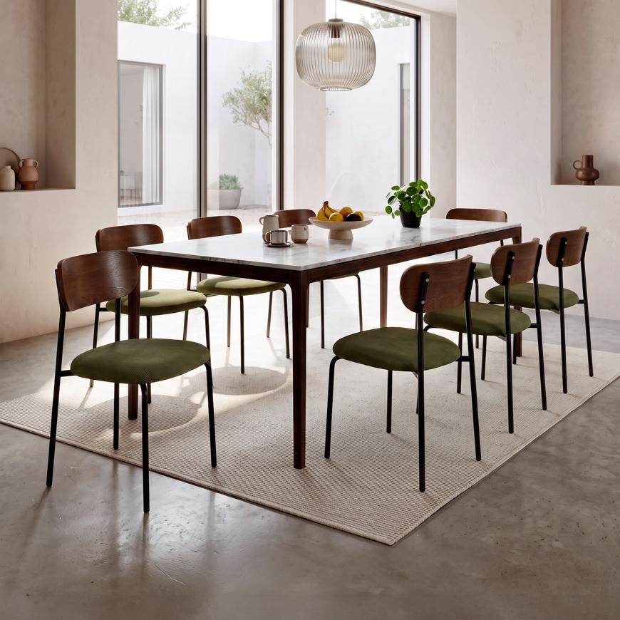Lot de 8 chaises scandinaves velours côtelé kaki et placage frêne pieds métal noir OLIVIA