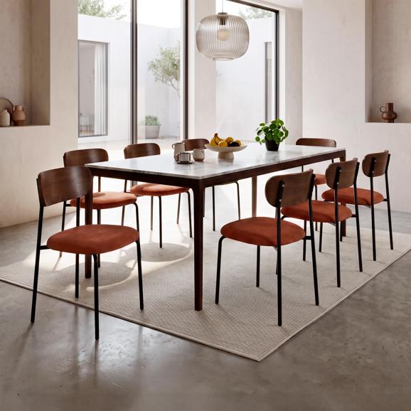 Lot de 8 chaises scandinaves velours côtelé terracotta et placage frêne pieds métal noir OLIVIA