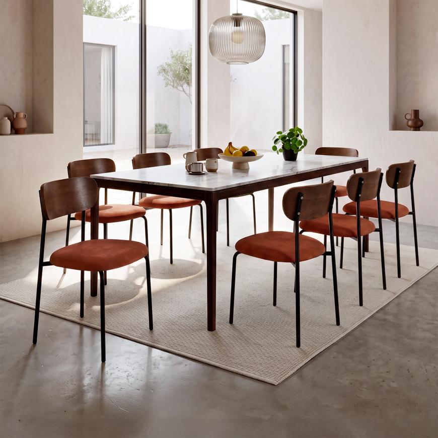Lot de 8 chaises scandinaves velours côtelé terracotta et placage frêne pieds métal noir OLIVIA