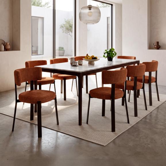 Lot de 8 chaises style japandi tissu chenille terracotta pieds métal effet noyer ZOE
