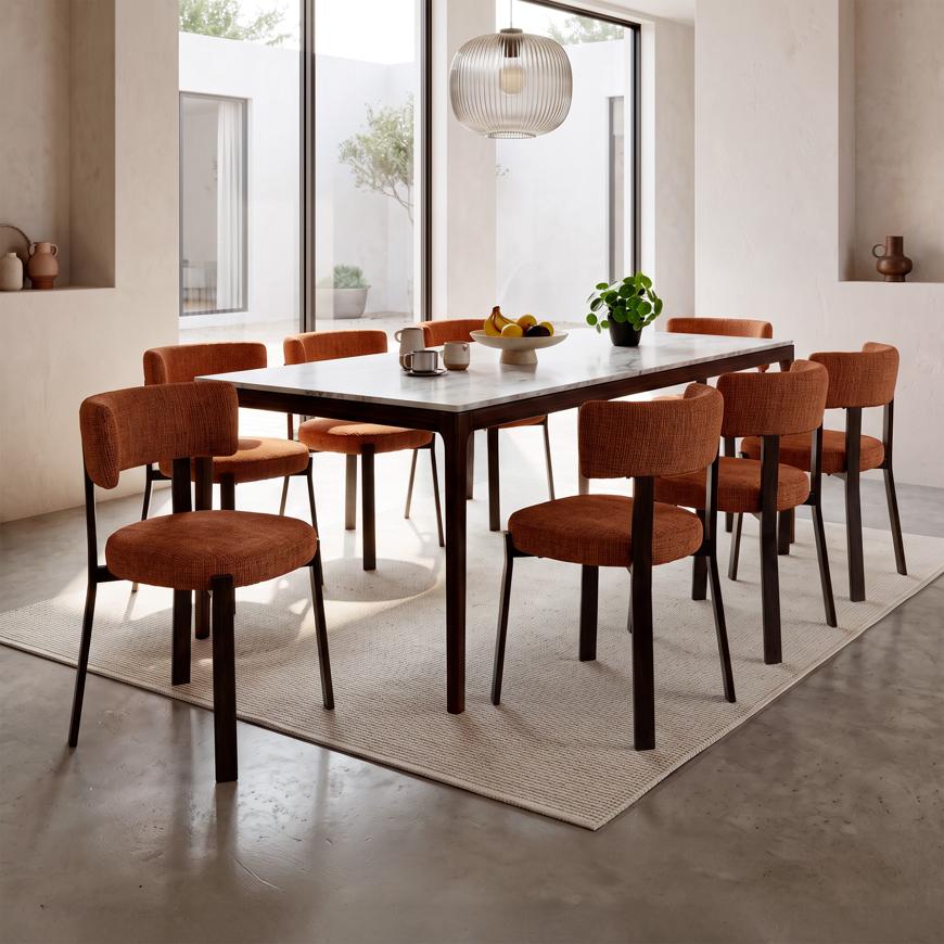 Lot de 8 chaises style japandi tissu chenille terracotta pieds métal effet noyer ZOE