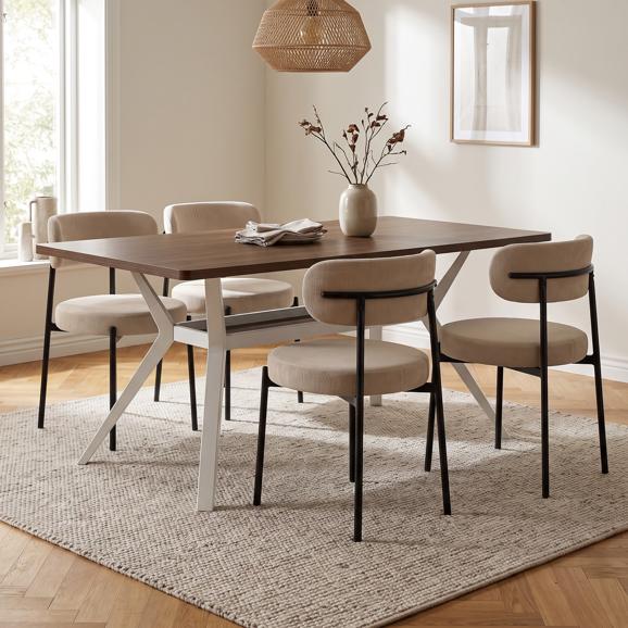 Set masă ANDREA 160cm nuc picioare bej și 4 scaune IRIS catifea nervurată bej