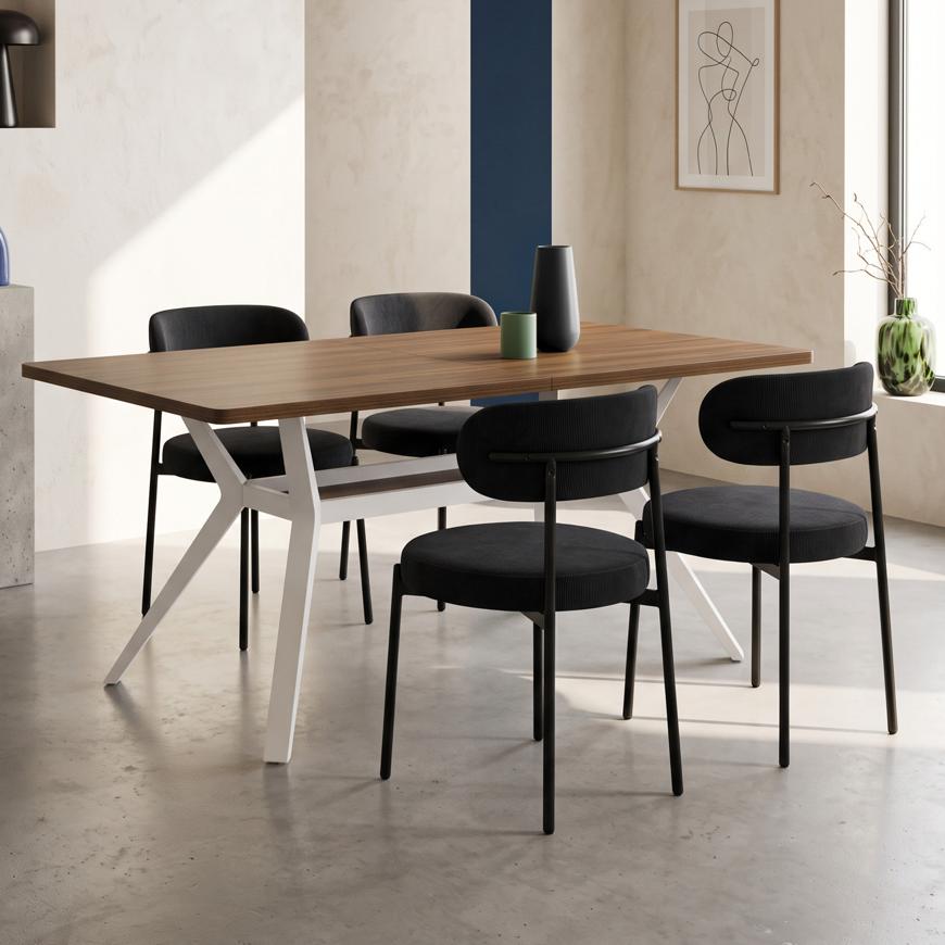 Set masă ANDREA 160cm nuc picioare bej și 4 scaune IRIS catifea nervurată negru