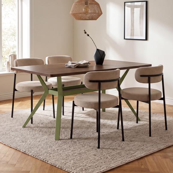 Set masă ANDREA 160cm nuc picioare kaki și 4 scaune IRIS catifea tip pluș bej