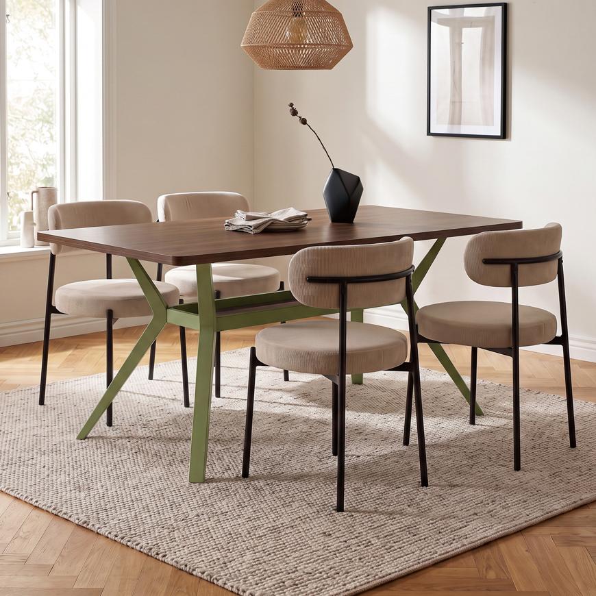 Set masă ANDREA 160cm nuc picioare kaki și 4 scaune IRIS catifea tip pluș bej