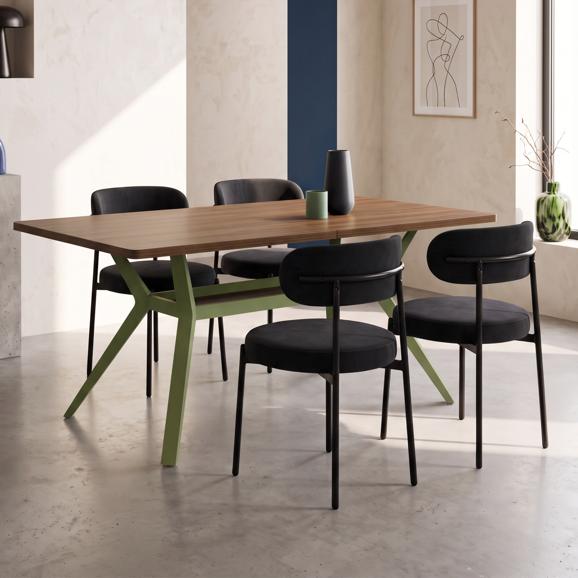 Set masă ANDREA 160cm nuc picioare cachi și 4 scaune IRIS catifea neagră