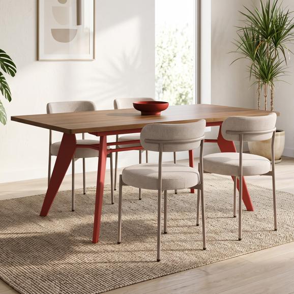 MELOE udvidelsesbordsæt 140-180cm valnød ben terra og 4 GABY stole chenille stof beige