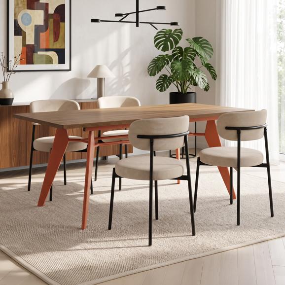 Conjunto mesa extensible MELOE 140-180cm nogal patas terracota y 4 sillas IRIS terciopelo acanalado beige