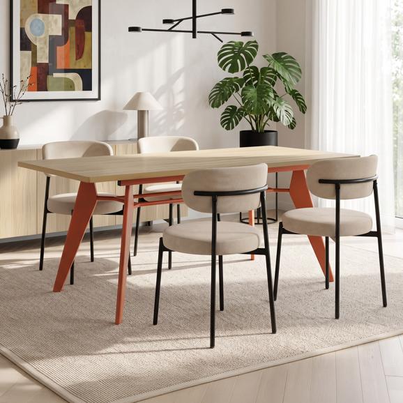 Conjunto mesa extensible MELOE 140-180cm roble patas terracota y 4 sillas IRIS terciopelo acanalado beige