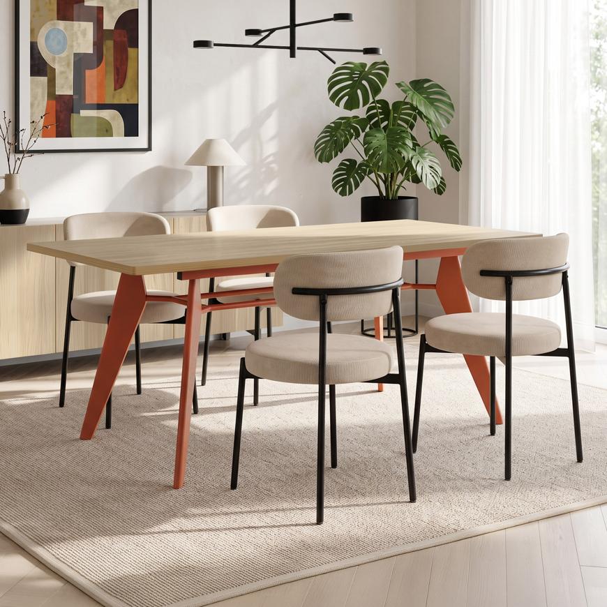 Ensemble table extensible MELOE 140-180cm chêne pieds terracotta et 4 chaises IRIS velours côtelé beige