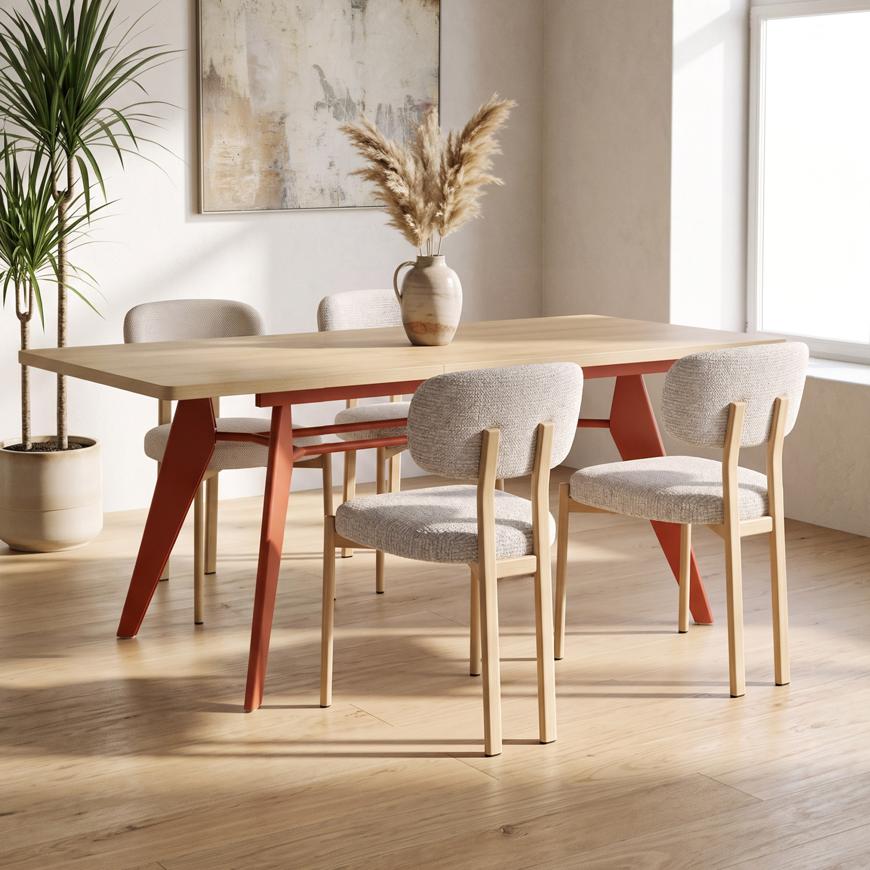 Ensemble table extensible MELOE 140-180cm chêne pieds terracotta et 4 chaises MIA tissu chenille beige
