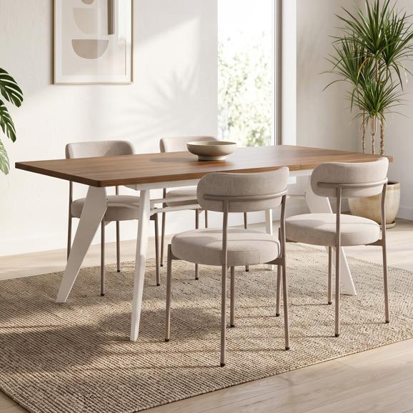 Udvidelsesbar spisebordssæt MELOE 140-180cm valnød beige ben og 4 stole GABY chenille stof beige