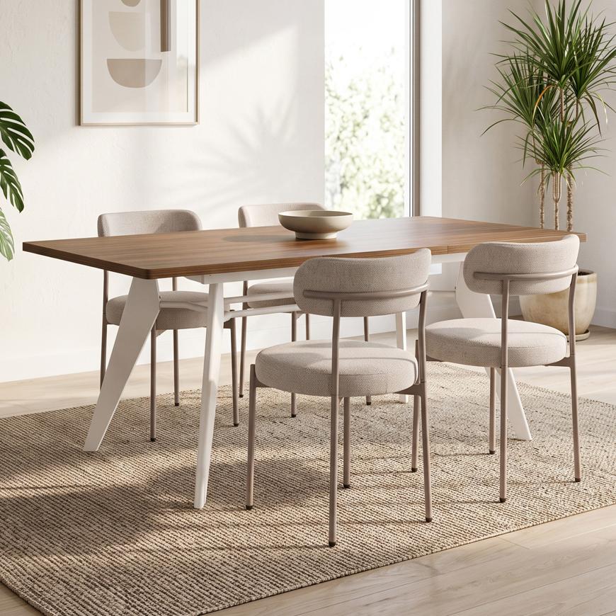 Udvidelsesbar spisebordssæt MELOE 140-180cm valnød beige ben og 4 stole GABY chenille stof beige