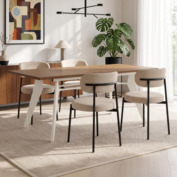 Conjunto mesa extensible MELOE 140-180cm nogal patas beige y 4 sillas IRIS terciopelo acanalado beige