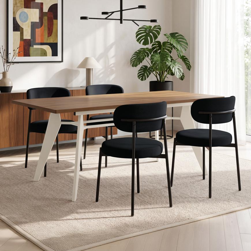Conjunto mesa extensible MELOE 140-180cm nogal patas beige y 4 sillas IRIS pana negra
