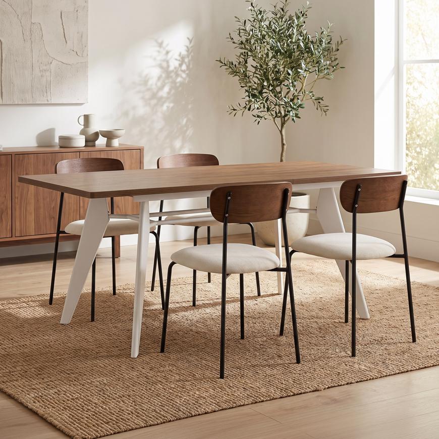 Uitschuifbare tafelset MELOE 140-180cm walnoot beige poten en 4 OLIVIA stoelen corduroy beige