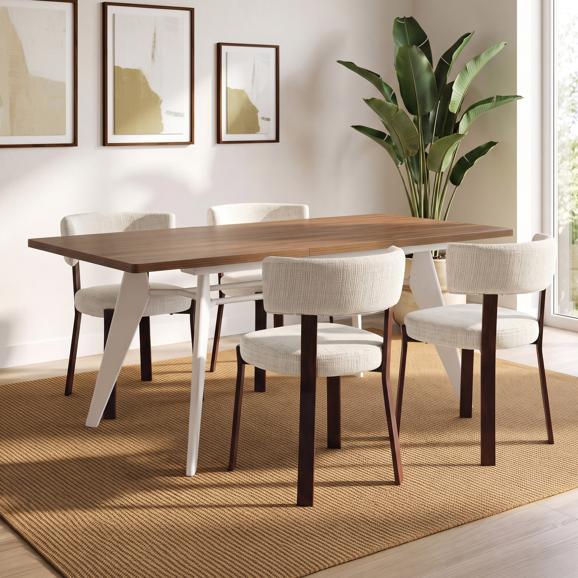 Conjunto mesa extensible MELOE 140-180cm nogal patas beige y 4 sillas ZOE tejido chenilla beige