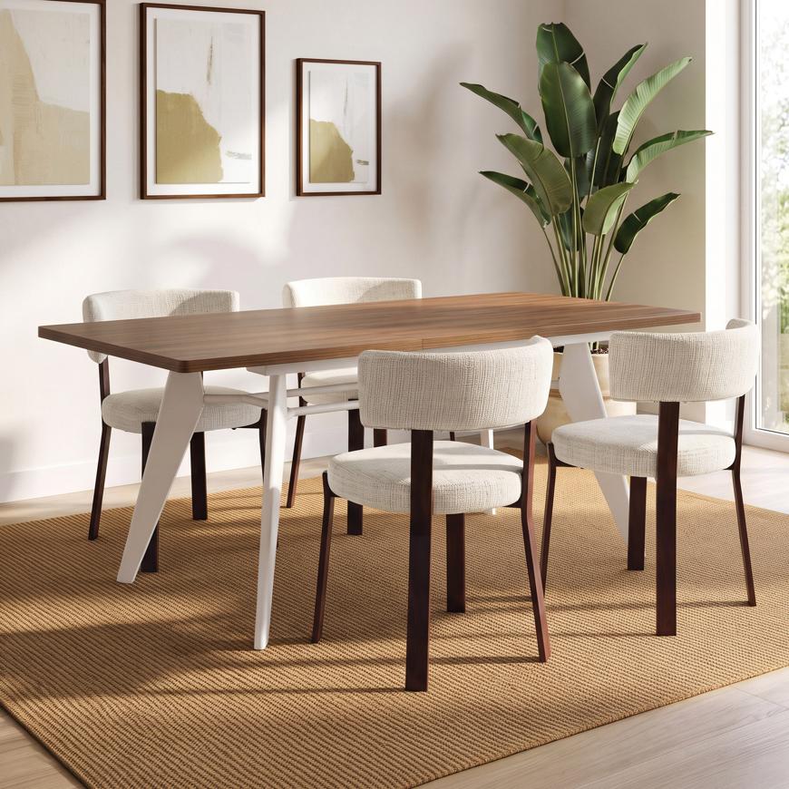 Conjunto mesa extensible MELOE 140-180cm nogal patas beige y 4 sillas ZOE tejido chenilla beige