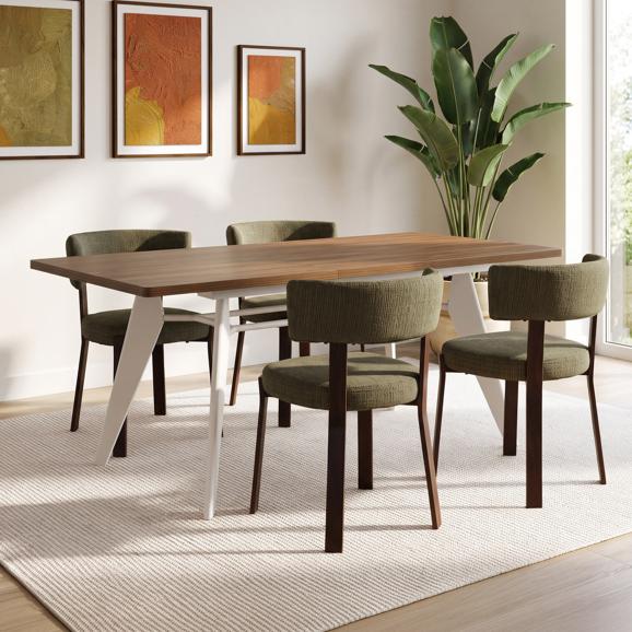 Ensemble table extensible MELOE 140-180cm noyer pieds beige et 4 chaises ZOE tissu chenille kaki