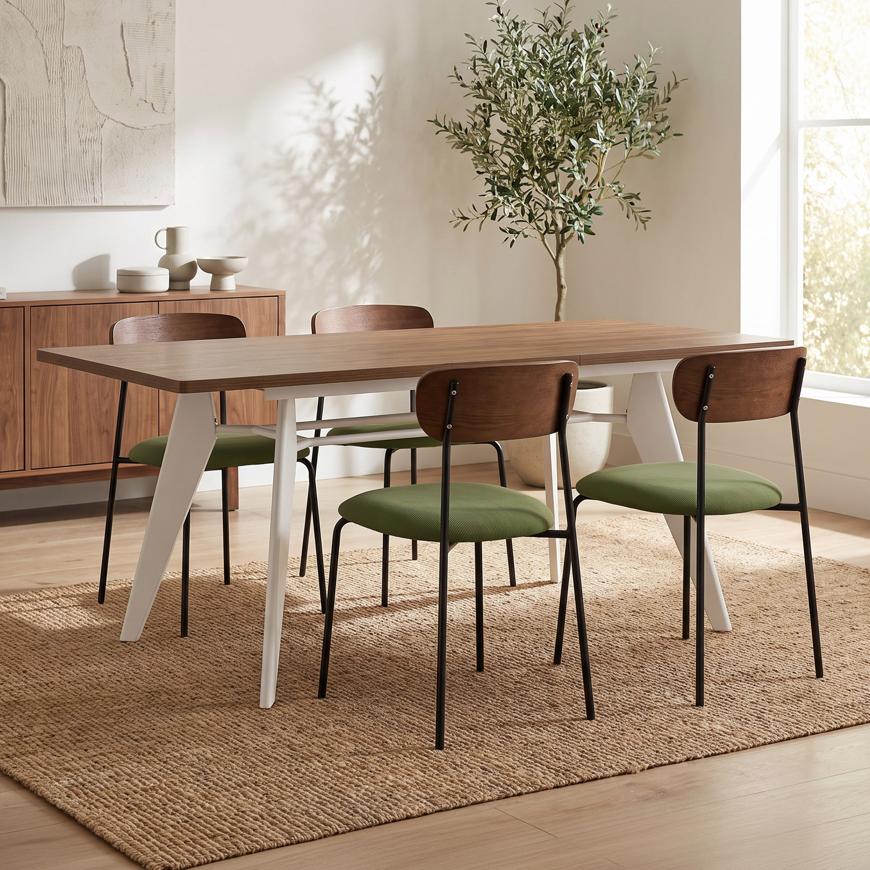 Conjunto mesa extensible MELOE 140-180cm nogal patas beige y 4 sillas OLIVIA terciopelo acanalado caqui
