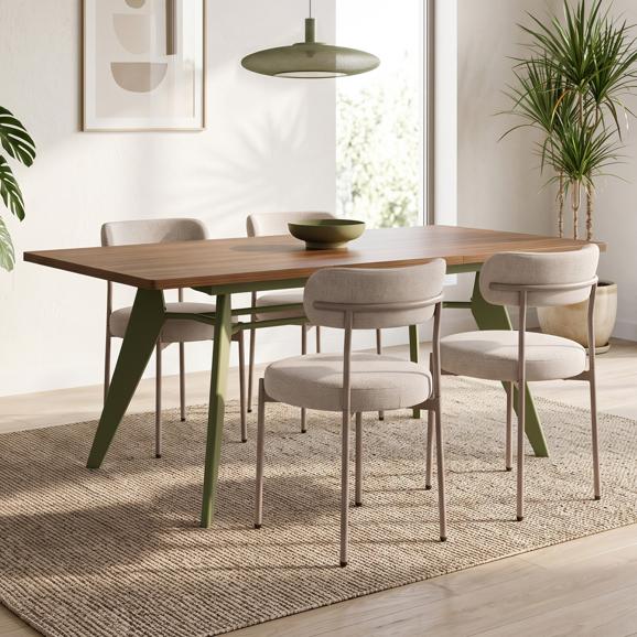 Udtrækbart spisebordssæt MELOE 140-180cm valnød khaki ben og 4 GABY stole chenille stof beige