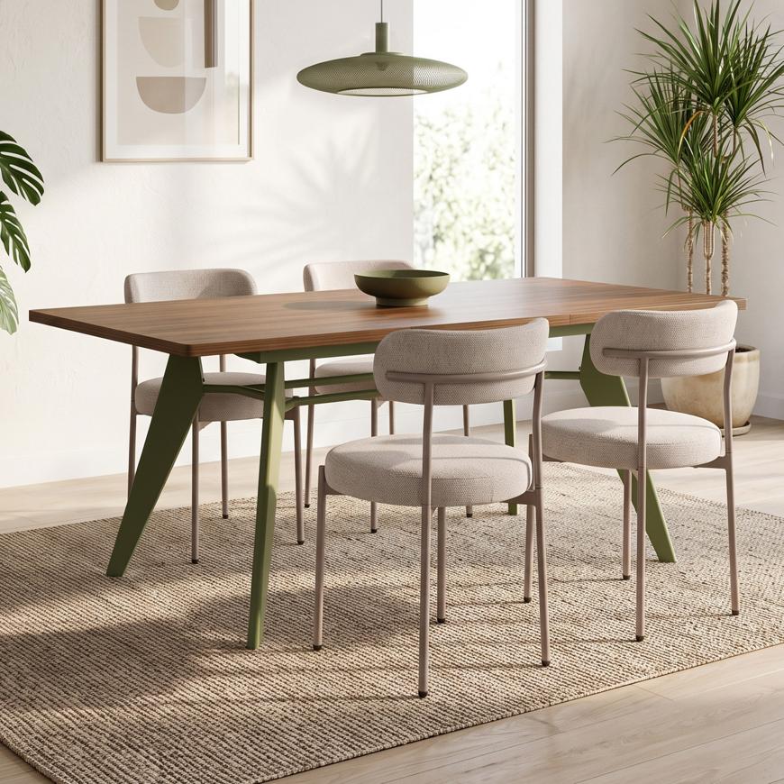 Udtrækbart spisebordssæt MELOE 140-180cm valnød khaki ben og 4 GABY stole chenille stof beige