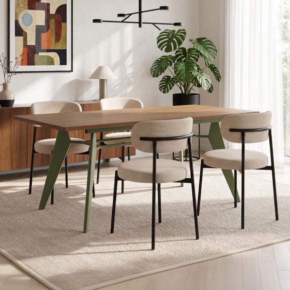 Conjunto mesa extensible MELOE 140-180cm nogal patas kaki y 4 sillas IRIS terciopelo acanalado beige